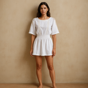 vestido encaje blanco mini con cintura smock, encaje vertical y flecos delicados de la marca After/Before