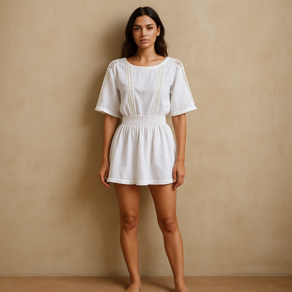vestido encaje blanco mini con cintura smock, encaje vertical y flecos delicados de la marca After/Before
