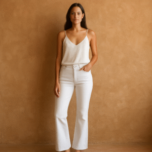AG Angel Boot Cut en denim blanco, corte clásico acampanado, bolsillos traseros con diseño característico AG