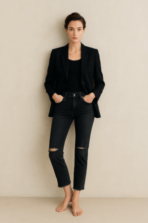 Jeans Free People Noir Vintage ultra-soft negros con roturas en las rodillas y bajo raw-cut asimétrico, talla 26