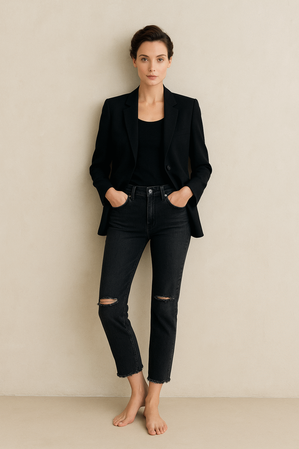 Jeans Free People Noir Vintage ultra-soft negros con roturas en las rodillas y bajo raw-cut asimétrico, talla 26