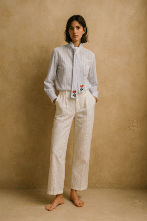 blusa de algodón con rayas azul cielo y lazo con flores hd in paris