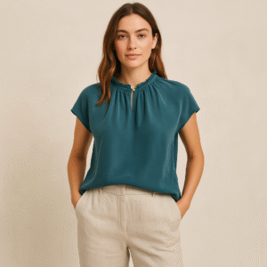 Blusa verde en cupro de Amour Vert, talla S, con escote adornado en petit plissé artesanal, diseño atemporal y sofisticado