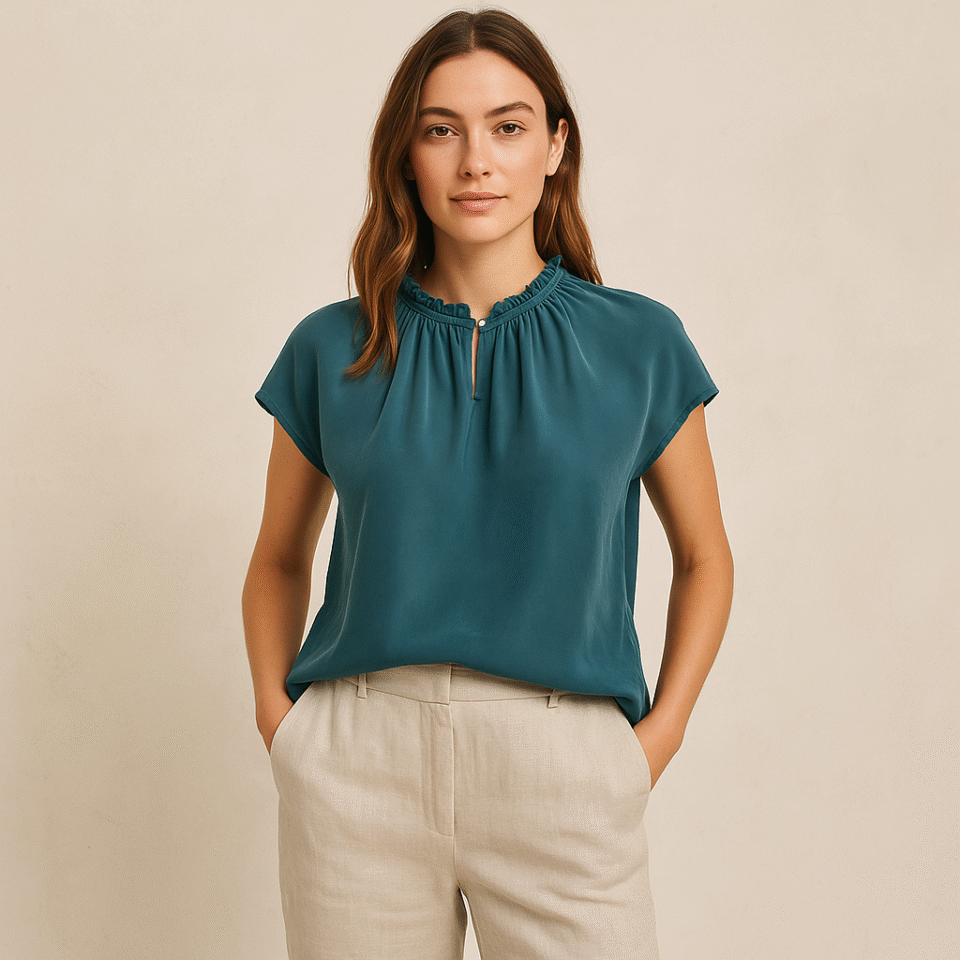 Blusa verde en cupro de Amour Vert, talla S, con escote adornado en petit plissé artesanal, diseño atemporal y sofisticado