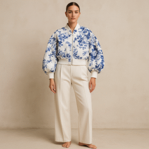 bomber corta floral by anthropologie, blanco con flores azul cobalto y mangas abullonadas