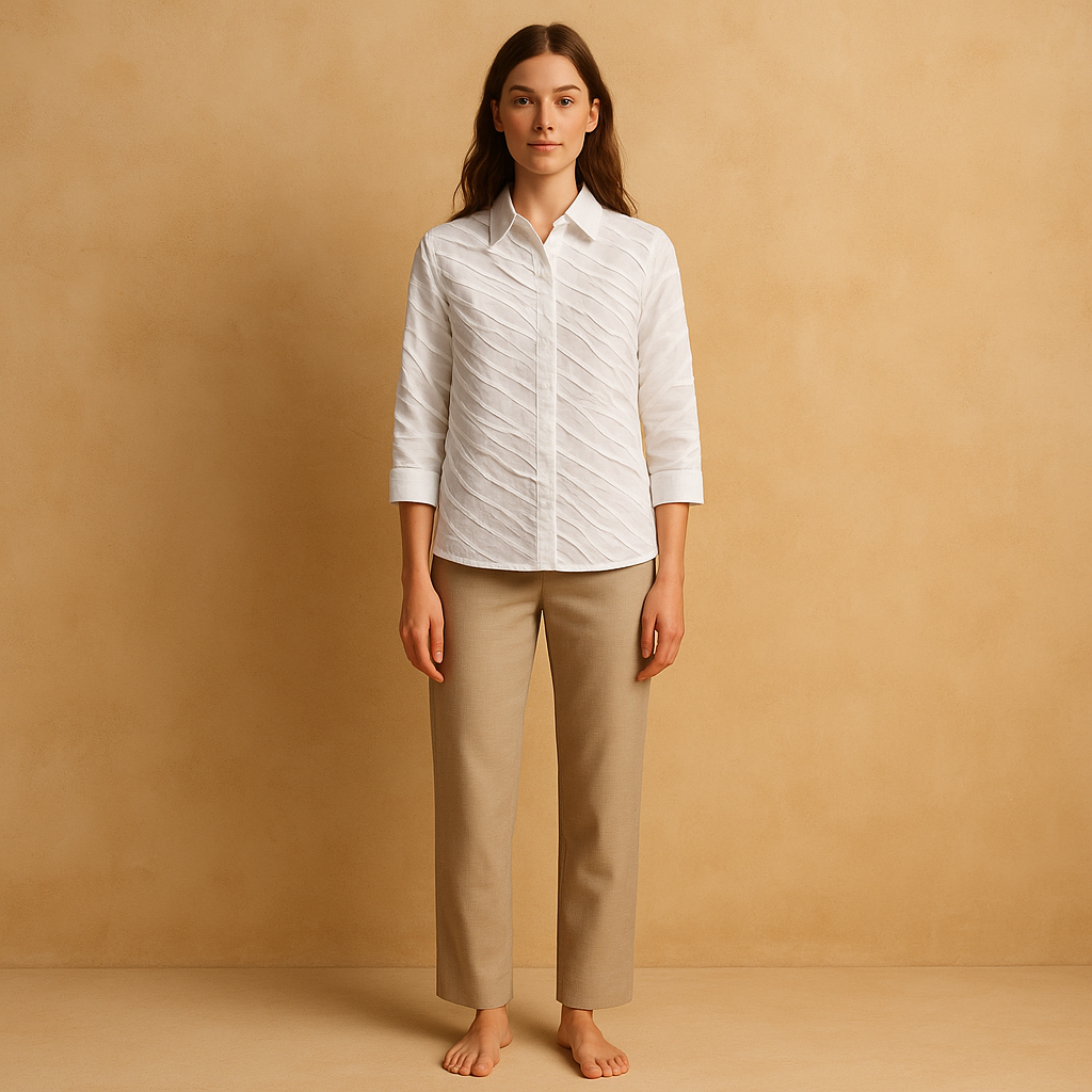camisa blanca escultural lafayette 148 new york con textura diagonal y mangas entre tres cuartos y largas