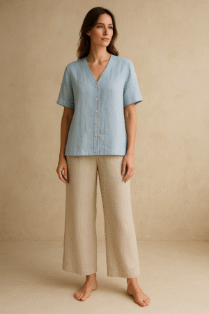 Camisa de lino celeste Flax talla M, confeccionada en lino báltico con escote en V, botones nacarados y silueta relajada, pieza vintage codiciada