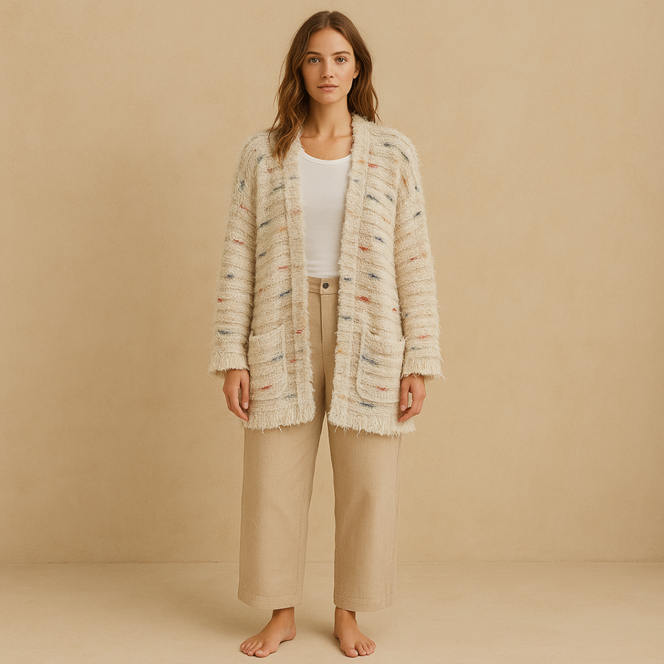 Cárdigan Margo Anthropologie en tono vainilla tostado con rayas multicolor