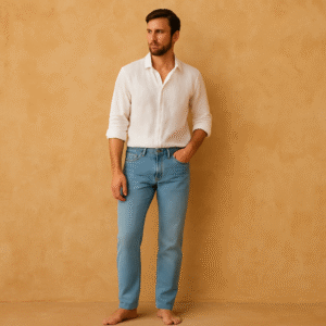 Jeans Faherty en lavado medio, exhibiendo su legendaria artesanía american