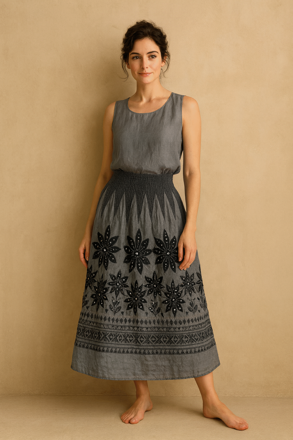 Falda maxi gris ombré de Lapis para Anthropologie con smocking elástico y aplicaciones florales con lentejuelas