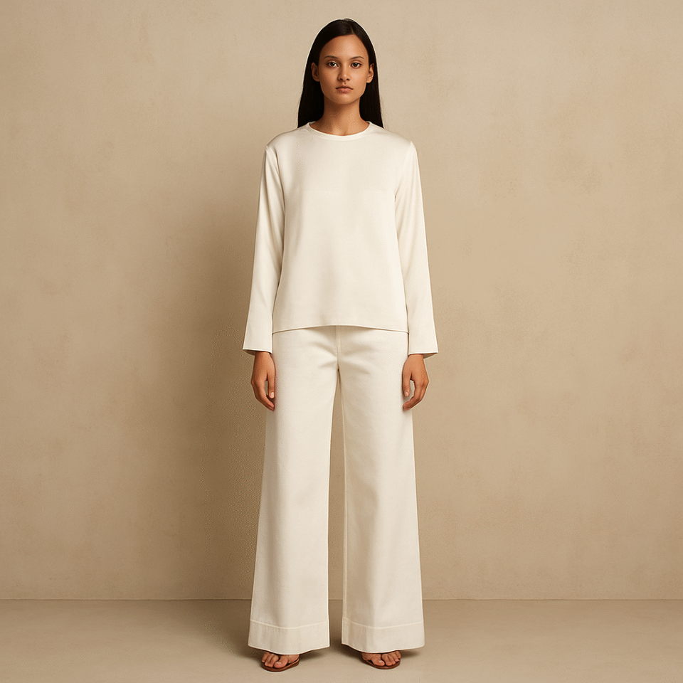 Frame Le Hardy Wide Leg blancos, talle alto, caída amplia arquitectónica