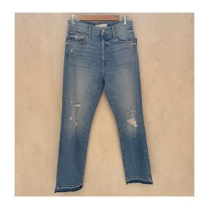 jeans mother superior high waisted hiker hover undone hem, talla 29, lavado on my knees; straight leg, tiro alto, rotos en rodillas y dobladillo deshilachado original