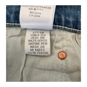 jeans mother superior high waisted hiker hover undone hem, talla 29, lavado on my knees; straight leg, tiro alto, rotos en rodillas y dobladillo deshilachado original