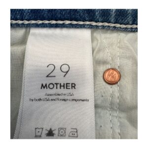 jeans mother superior high waisted hiker hover undone hem, talla 29, lavado on my knees; straight leg, tiro alto, rotos en rodillas y dobladillo deshilachado original