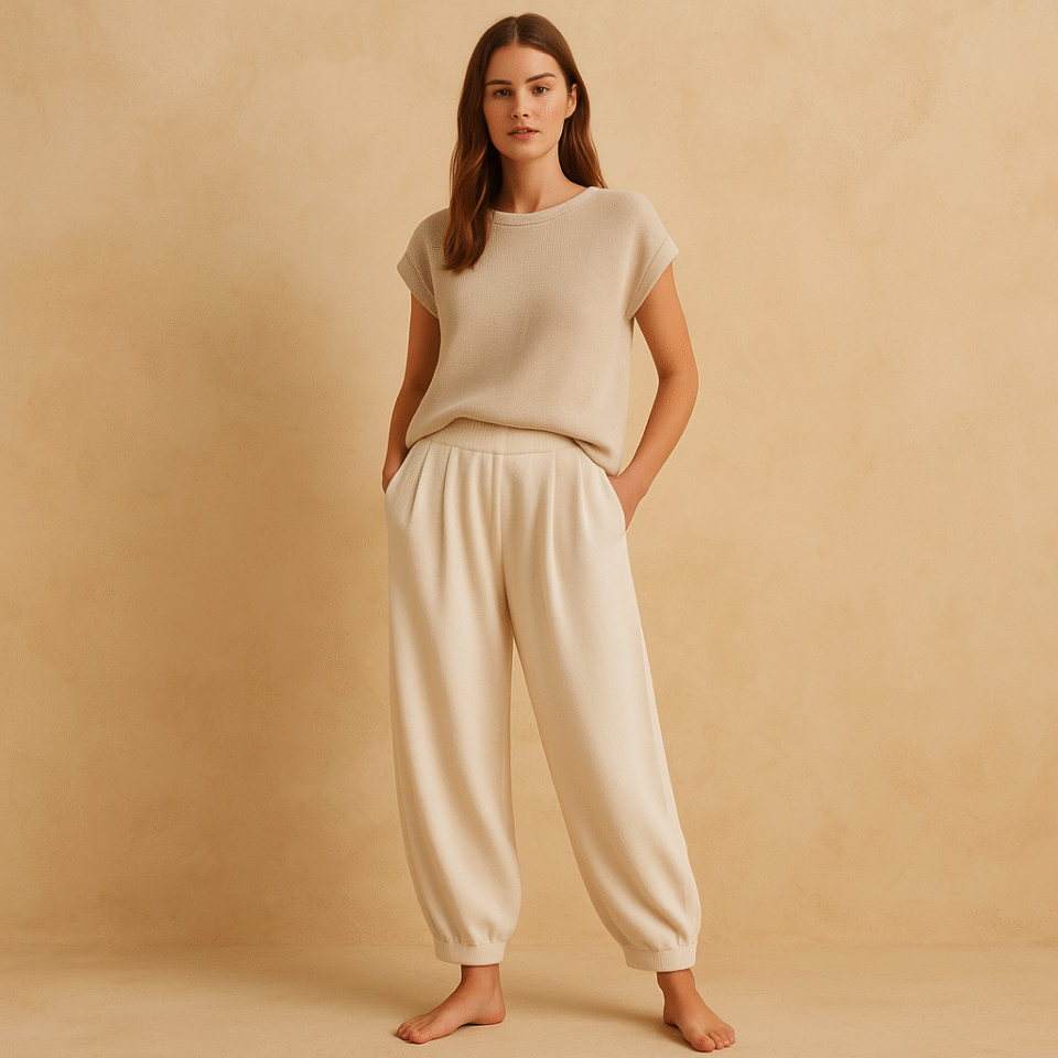 jogger Treya Knit de segunda manoen punto marfil con mezcla lino y silueta oversize de Free People, talla XL. Moda circular, ropa usada