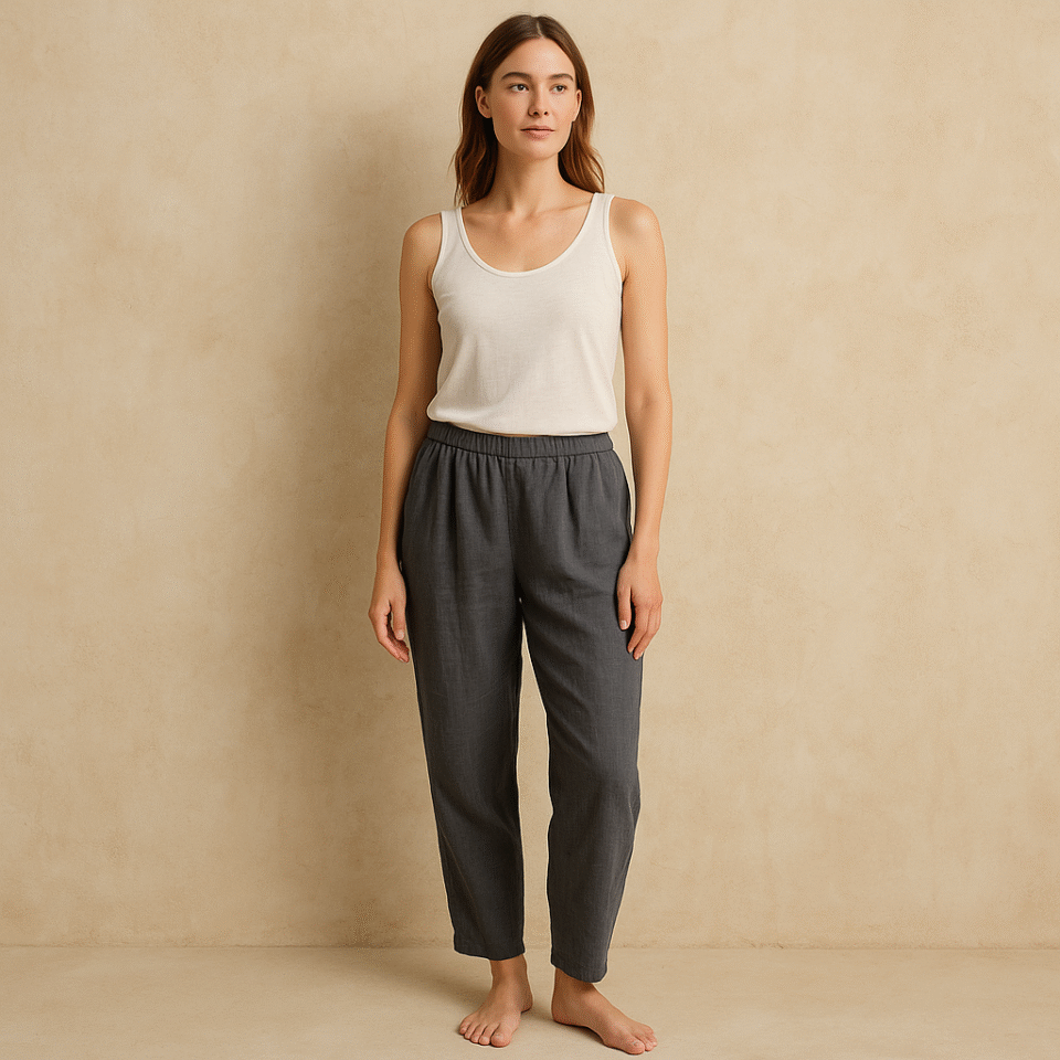 Organic linen wide-leg pant.pantalón ancho de lino orgánico gris sobre fondo neutro