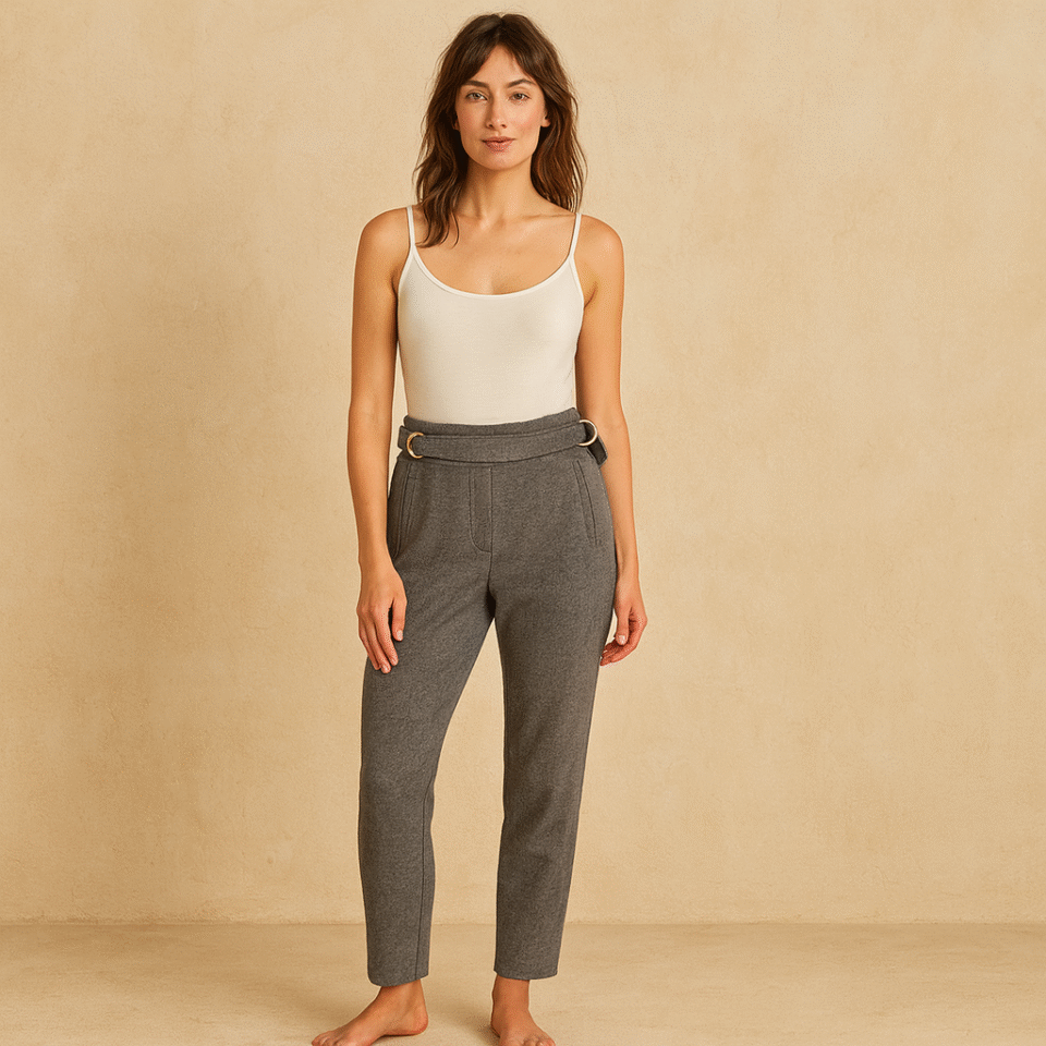 pantalón lana gris premium J. McLaughlin talla 2 colgado sobre fondo neutro