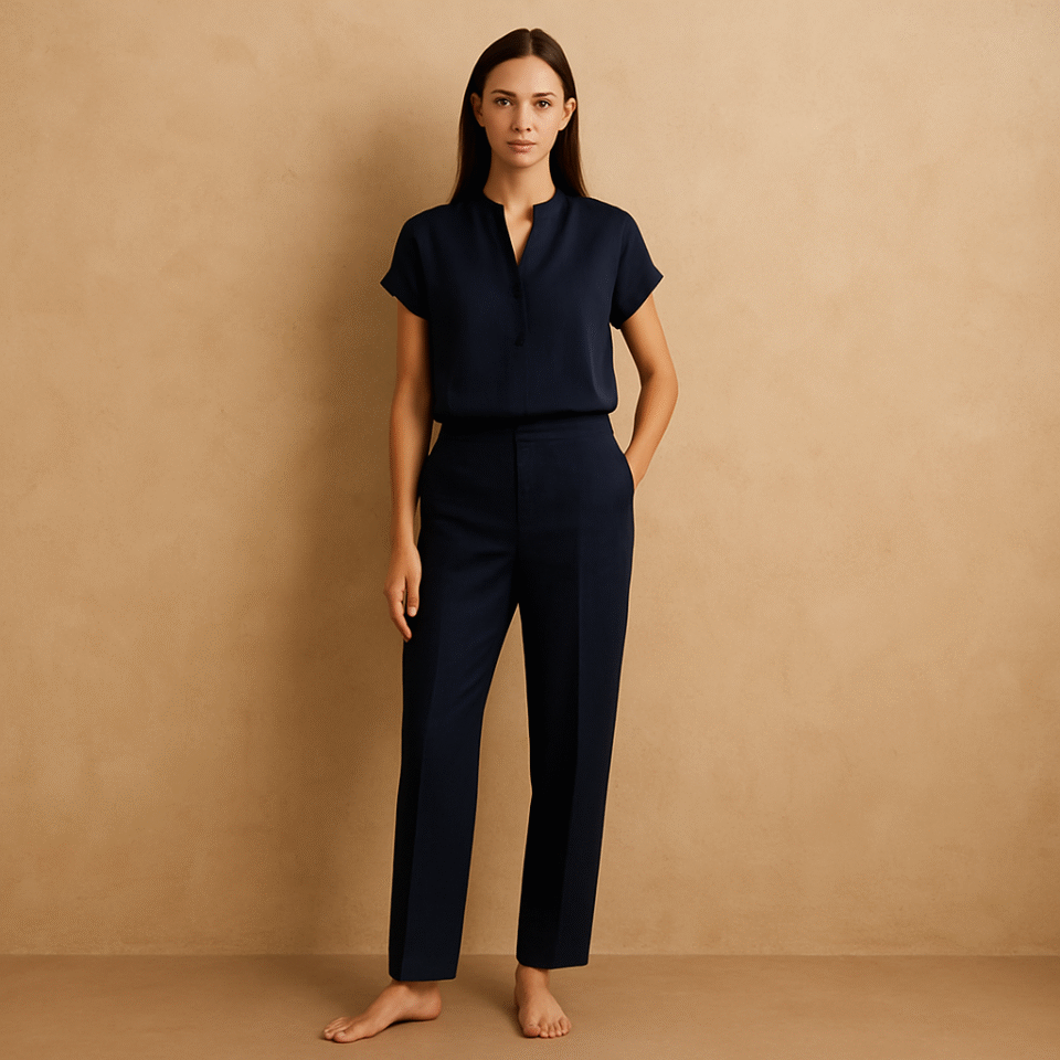 blusa de seda Quince manga dolman fluida navy ideal para guardarropa cápsula