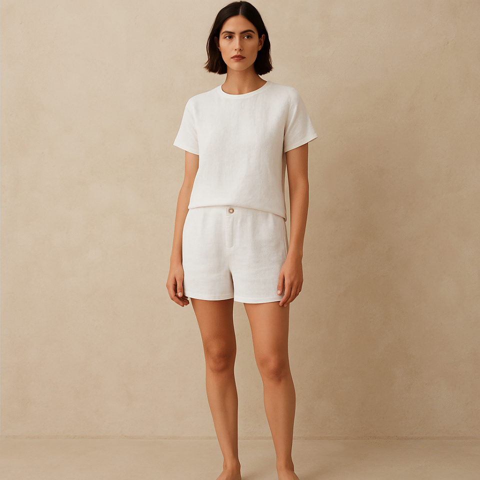 Shorts Vince en lino blanco con corte clásico minimalista, doble botonadura, bolsillos parche y forro de algodón – talla 2