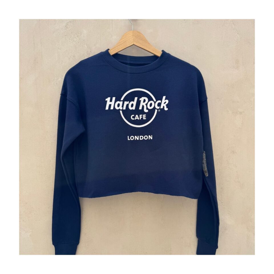 top cropped azul marino con logo Hard Rock Cafe London, talla XS