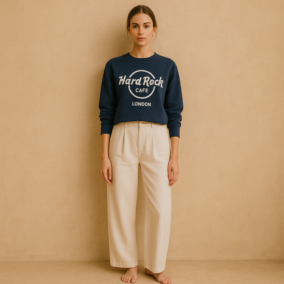 top cropped azul marino con logo Hard Rock Cafe London, talla XS