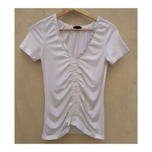 top blanco de algodón pima de segunda manocon fruncido central y escote en v, talla s, theory,ropa usada