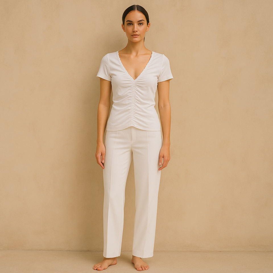 top blanco de algodón pima de segunda manocon fruncido central y escote en v, talla s, theory,ropa usada