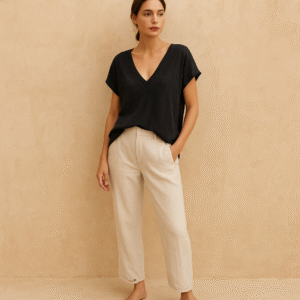 T‑Shirt Free People Sundance (OB921823) negro vintage con cuello en V profundo, raw edge y textura slub – talla L