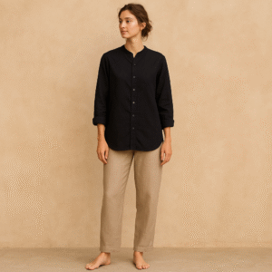 black Uniqlo linen blend open collar shirt Japan edition, front and back view