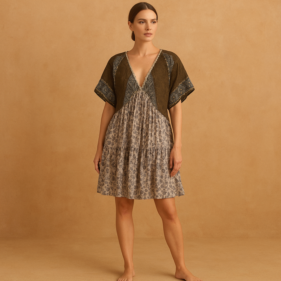Vestido boho Free People hecho en India, estampado étnico en negro y azul, falda gris floral, escote en V y mangas fluidas, talla XS