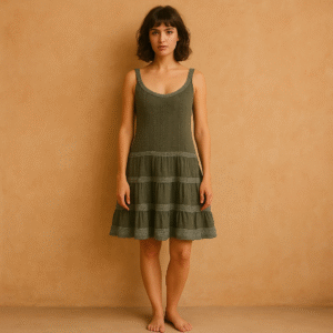 vestido bordado olive de Free People con volantes tiered y encaje gris, talla S. ropa usada de segunda mano