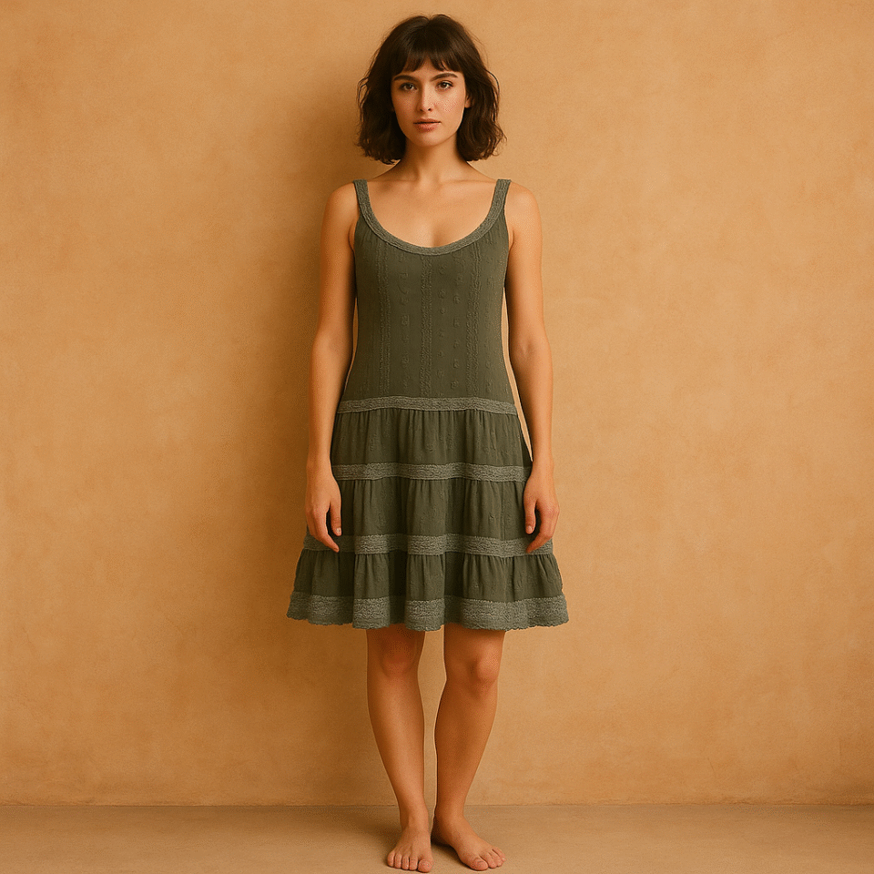vestido bordado olive de Free People con volantes tiered y encaje gris, talla S. ropa usada de segunda mano