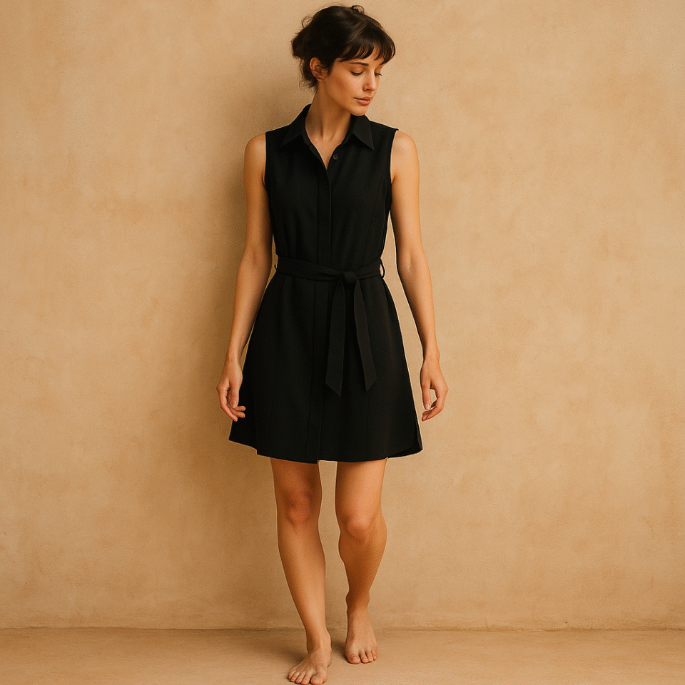 Vestido camisero negro sin mangas Laundry by Shelli Segal con cinturón, modelo de pie descalza sobre fondo cálido tipo chukum, estilo parisino de lujo relajado