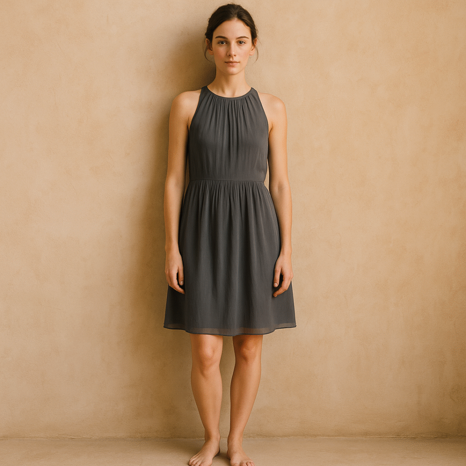 Vestido midi seda gris J.Crew usado en perfecto estado, diseño plisado halter