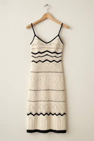 Vestido largo de punto artesanal blanco con ribetes negros, talla S