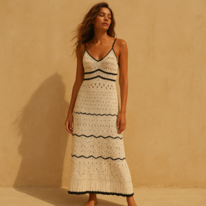 Vestido largo de punto artesanal blanco con ribetes negros, talla S