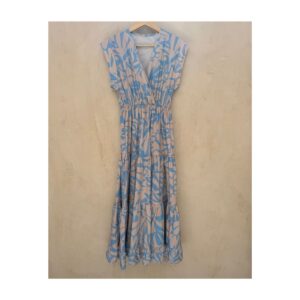 Vestido maxi azul mediterráneo en azul bebe y beige y vuelo amplio talla S. Marca Sofia made in Italy