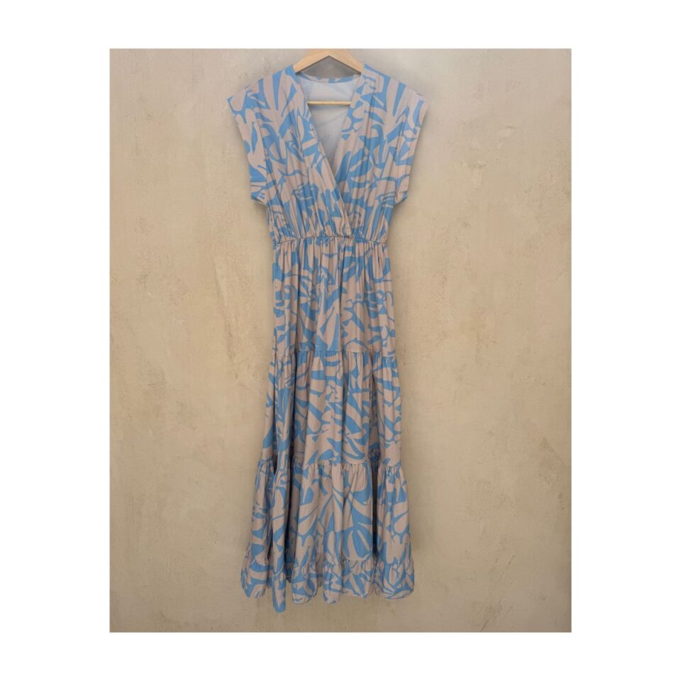 Vestido maxi azul mediterráneo en azul bebe y beige y vuelo amplio talla S. Marca Sofia made in Italy