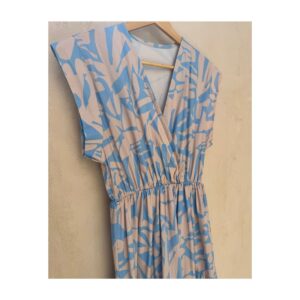Vestido maxi azul mediterráneo en azul bebe y beige y vuelo amplio talla S. Marca Sofia made in Italy