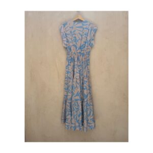 Vestido maxi azul mediterráneo en azul bebe y beige y vuelo amplio talla S. Marca Sofia made in Italy