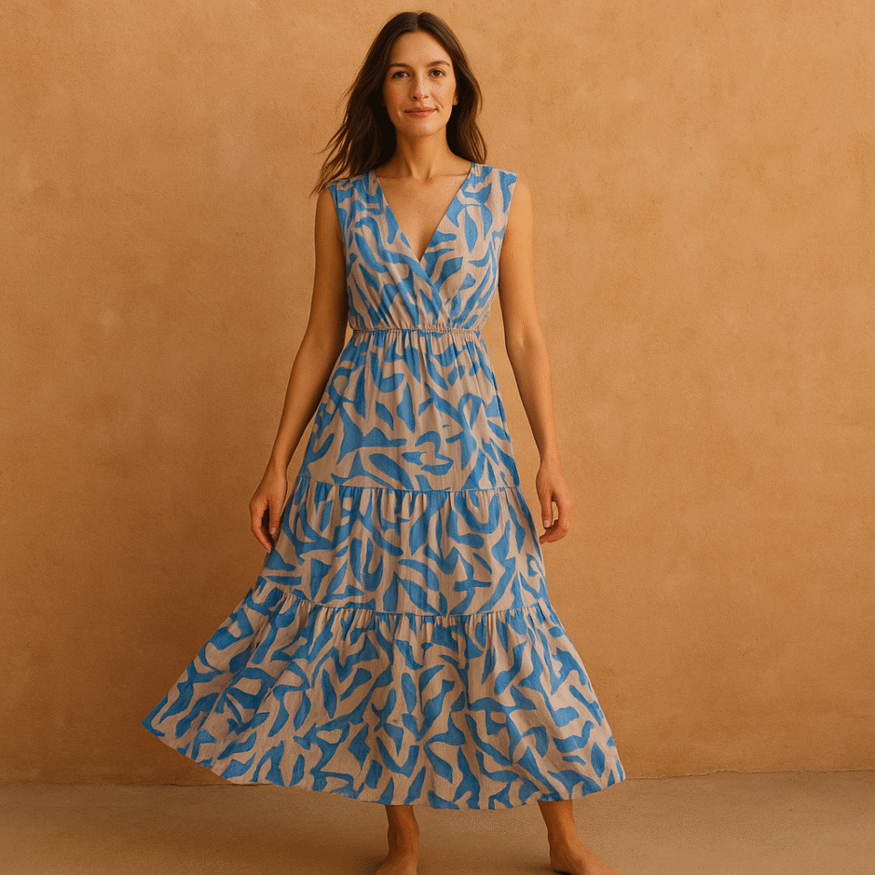 Vestido maxi azul mediterráneo en azul bebe y beige y vuelo amplio talla S. Marca Sofia made in Italy