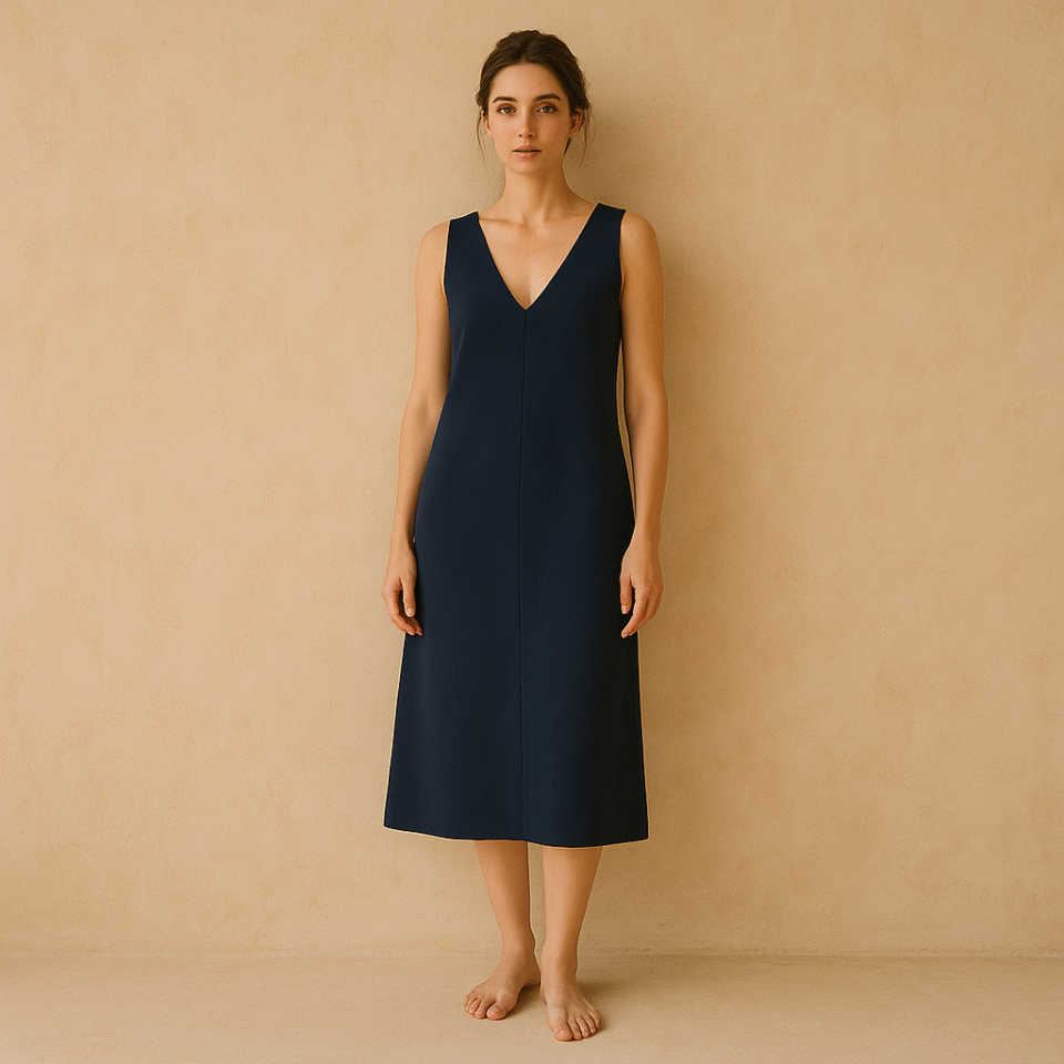vestido midi azul marino con elegante escote en V, cortes laterales y bolsillos invisibles by Lafayette 148