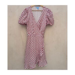 vestido de segunda mano, wrap blanco con bordado floral rojo y mangas abullonadas Draper James, talla L. Ropa usada