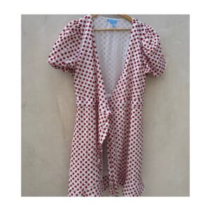 vestido de segunda mano, wrap blanco con bordado floral rojo y mangas abullonadas Draper James, talla L. Ropa usada