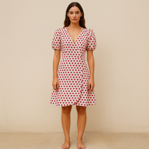 vestido de segunda mano, wrap blanco con bordado floral rojo y mangas abullonadas Draper James, talla L. Ropa usada