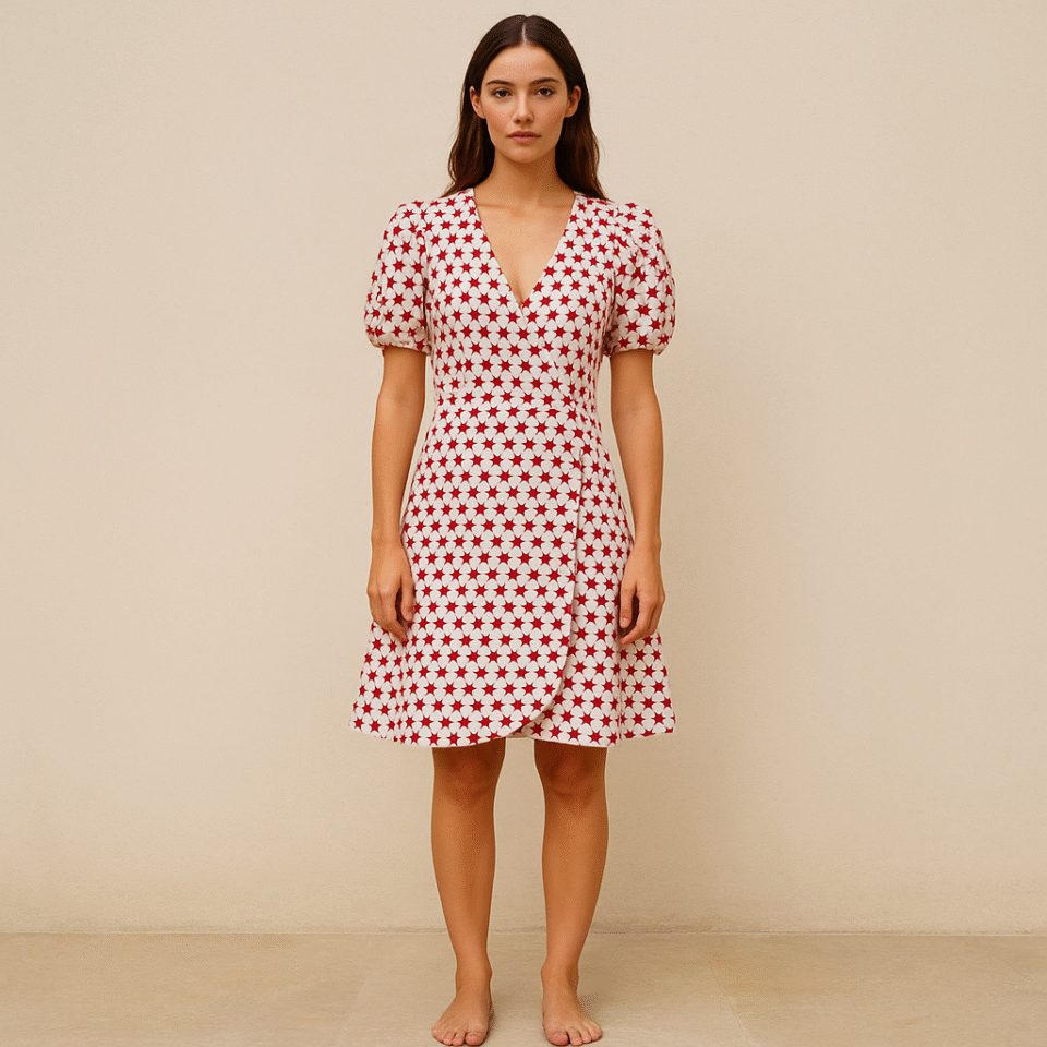 vestido de segunda mano, wrap blanco con bordado floral rojo y mangas abullonadas Draper James, talla L. Ropa usada