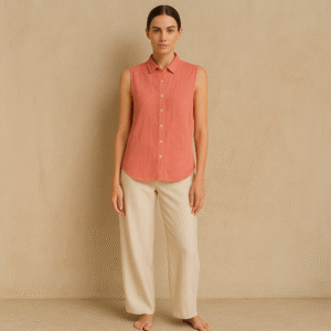 Blusa sin mangas Uniqlo en 100% lino y color colar, estilo minimalista japonés . Talla S
