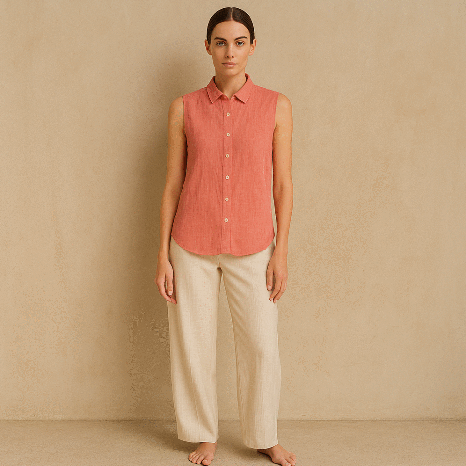 Blusa sin mangas Uniqlo en 100% lino y color colar, estilo minimalista japonés . Talla S