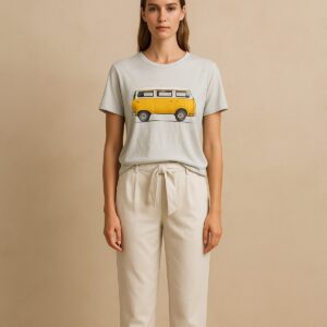 Camiseta Wituka algodón orgánico, color pistache pastel con estampado vintage VW T1. estilo retro