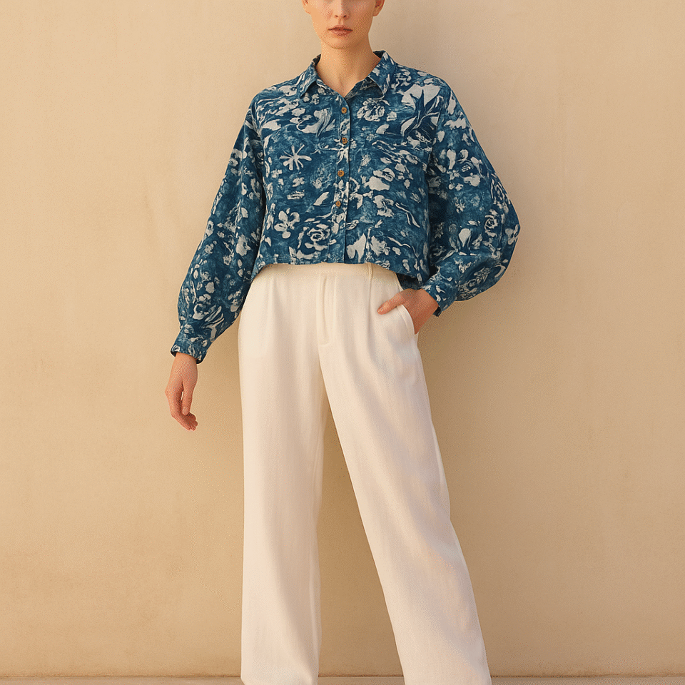 Blusa cropped Pilcro con mezcla de algódon. Talla S, hecha en India y estilo coastal grandma